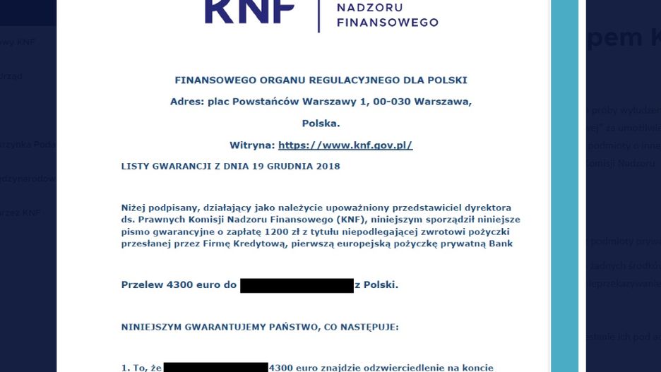 Takie pisma w ostatnich tygodniach otrzymują Polacy. KNF podkreśla, że to próba oszustwa i wyłudzenia pieniędzy