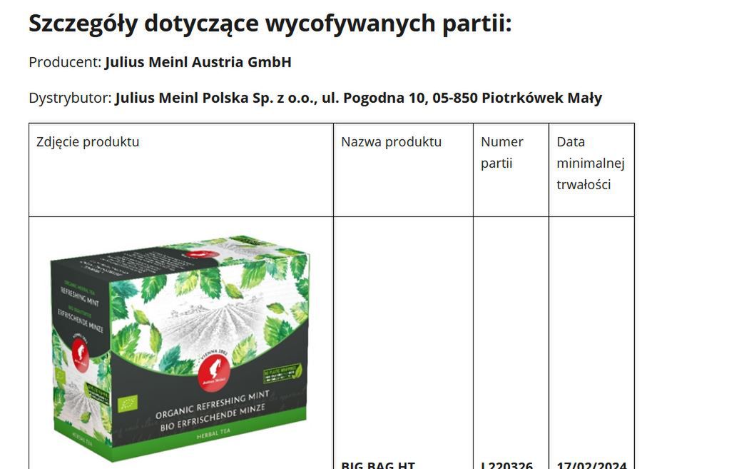 Herbata miętowa - Pyszności; Foto screen ze strony gov.pl