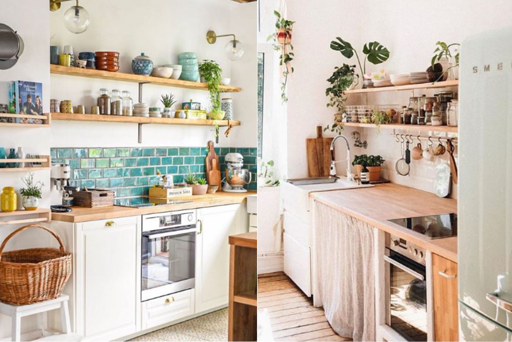 Meble do kuchni w stylu rustykalnym mają dużo odsłoniętych półek 