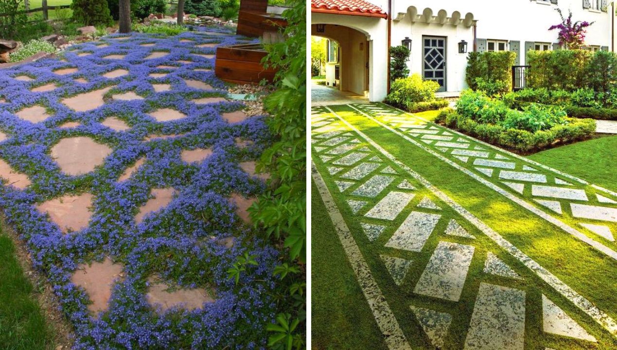 Kostka brukowa pokryta kwiatami i zielenią. 15 podwórek, które wyglądają cudownie