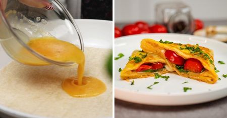 Szybka tortilla śniadaniowa z mozzarellą i pomidorami. Prosty przepis na danie z patelni