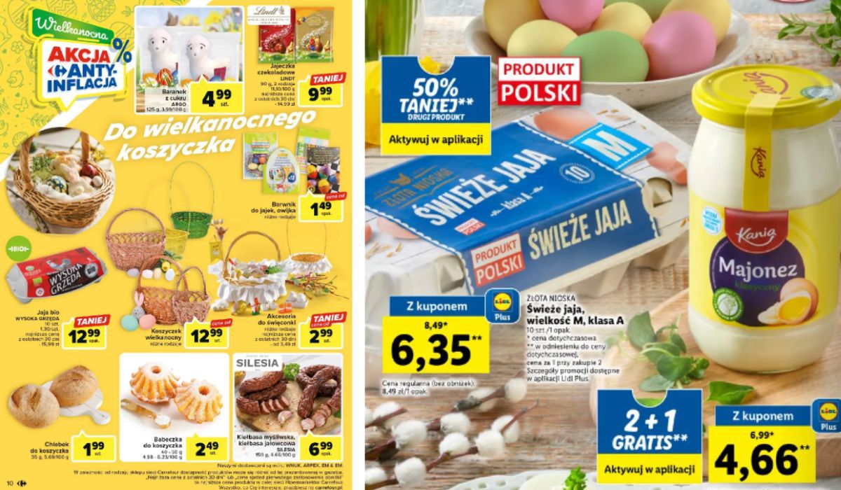 Gdzie są najtańsze jajka? Sprawdziliśmy gazetki promocyjne m.in. w Carrefourze (po lewej) i Lidlu (po prawej) - Pyszności; Fot. carrefour.pl/lidl.pl