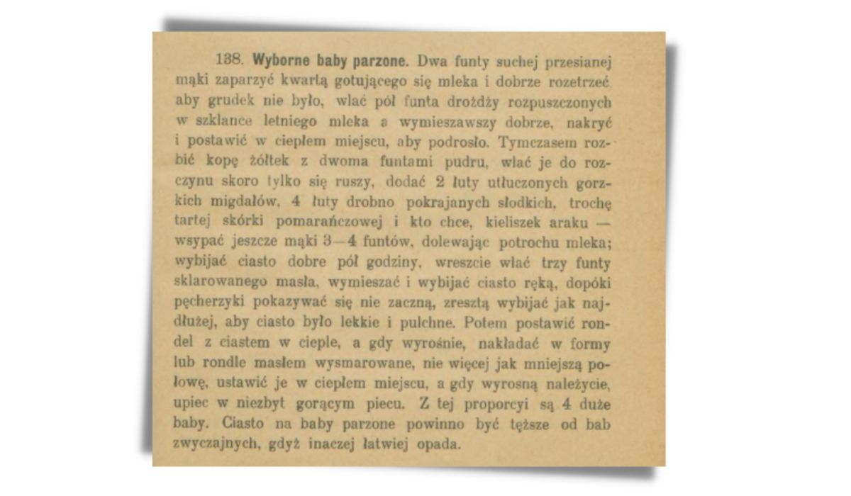 Baba parzona według przepisu sprzed ponad 100 lat - Pyszności; Fot. "Najnowsza kuchnia wytworna i gospodarska zawierająca 1032 przepisy gospodarskie, z uwzględnieniem kuchni jarskiej" (screenshot); domena publiczna