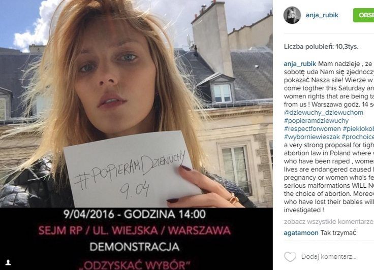 `Anja Rubik wspiera protest przeciwko ustawie antyaborcyjnej