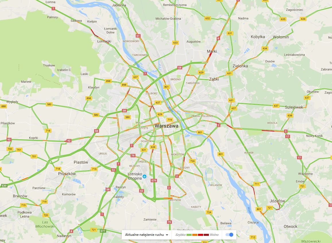 Natężenie ruchu w Warszawie chwilę po godz. 20 