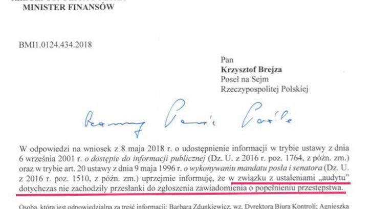 Odpowiedź resortu na zapytanie Krzysztofa Brejzy