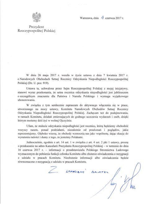 List prezydenta do liderów partii 