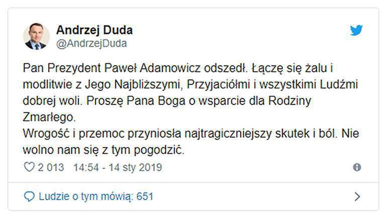 Andrzej Duda żegna Pawła Adamowicza
