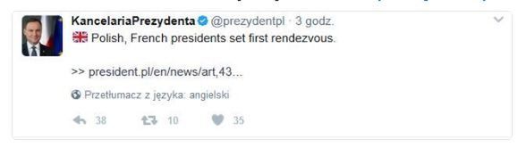 Screen twitta o spotkaniu z prezydentem Francji 
