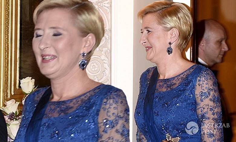 Agata Duda w niebieskiej sukni na obiedzie z parą prezydencką Finlandii