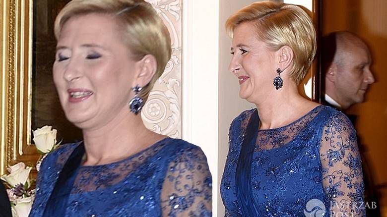 Agata Duda w niebieskiej sukni na obiedzie z parą prezydencką Finlandii
