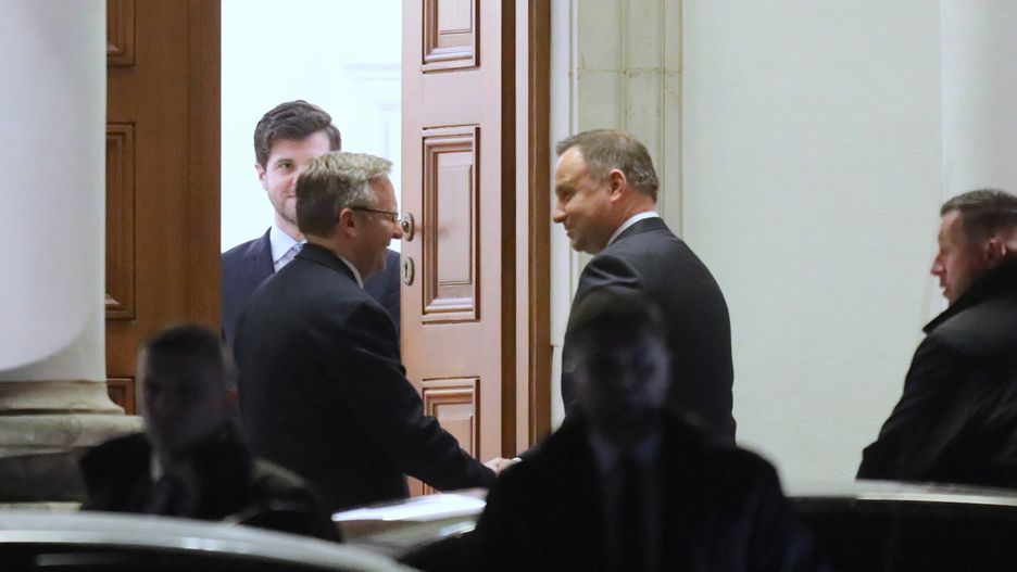Andrzej Duda i Krzysztof Szczerski przed spotkaniem w Belwederze
