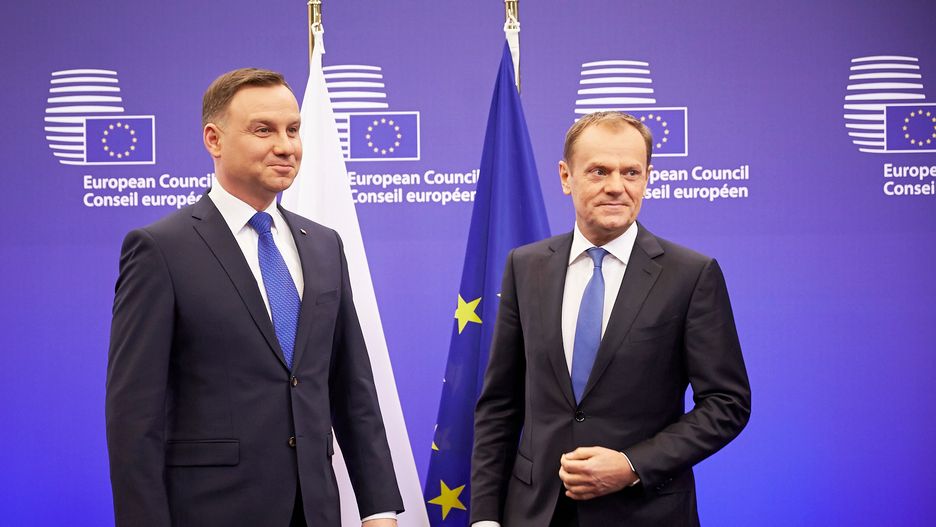Prezydent Andrzej Duda i przewodniczący Rady Europejskiej Donald Tusk podczas spotkania w Brukseli. Styczeń 2016 r.
