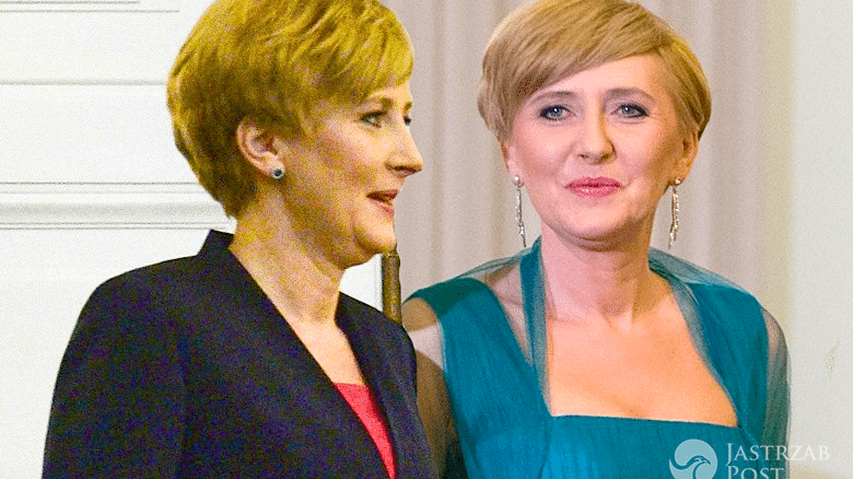 Agata Duda w turkusowej sukni i granatowym garniturze