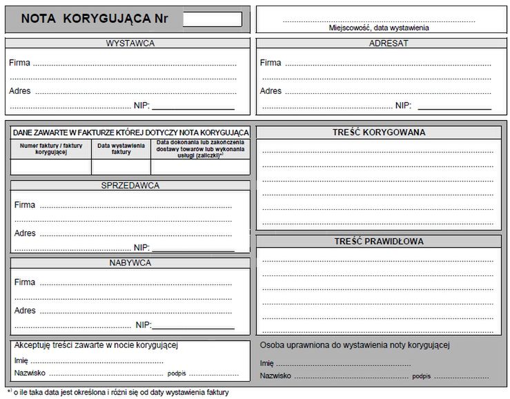 Przykład druku noty korygującej do faktury 
