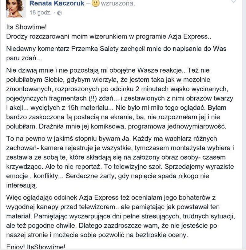 Renata Kaczoruk o Azja Express