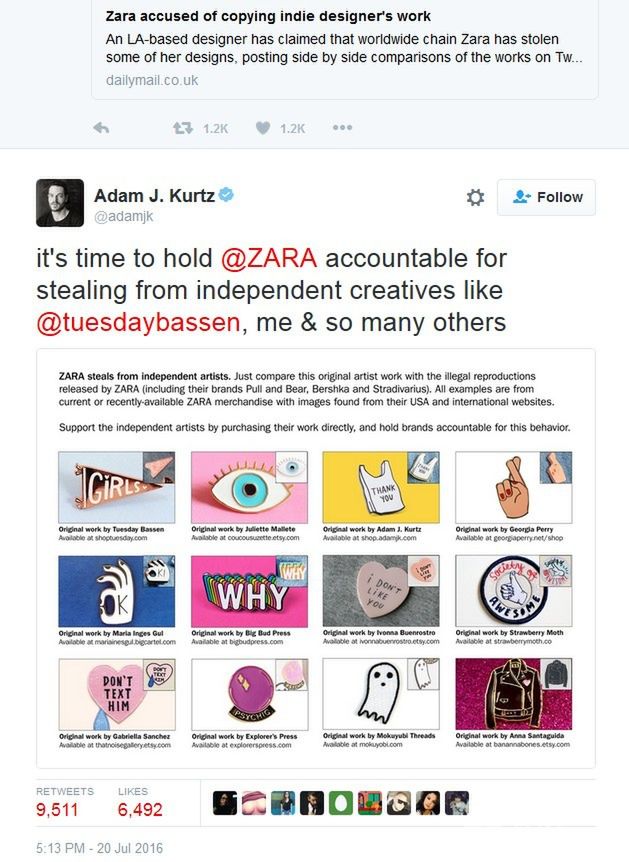 Arysta Adam J. Kurtz wsparł Tuesday Bassen w walce z siecią Zara na Twitterze