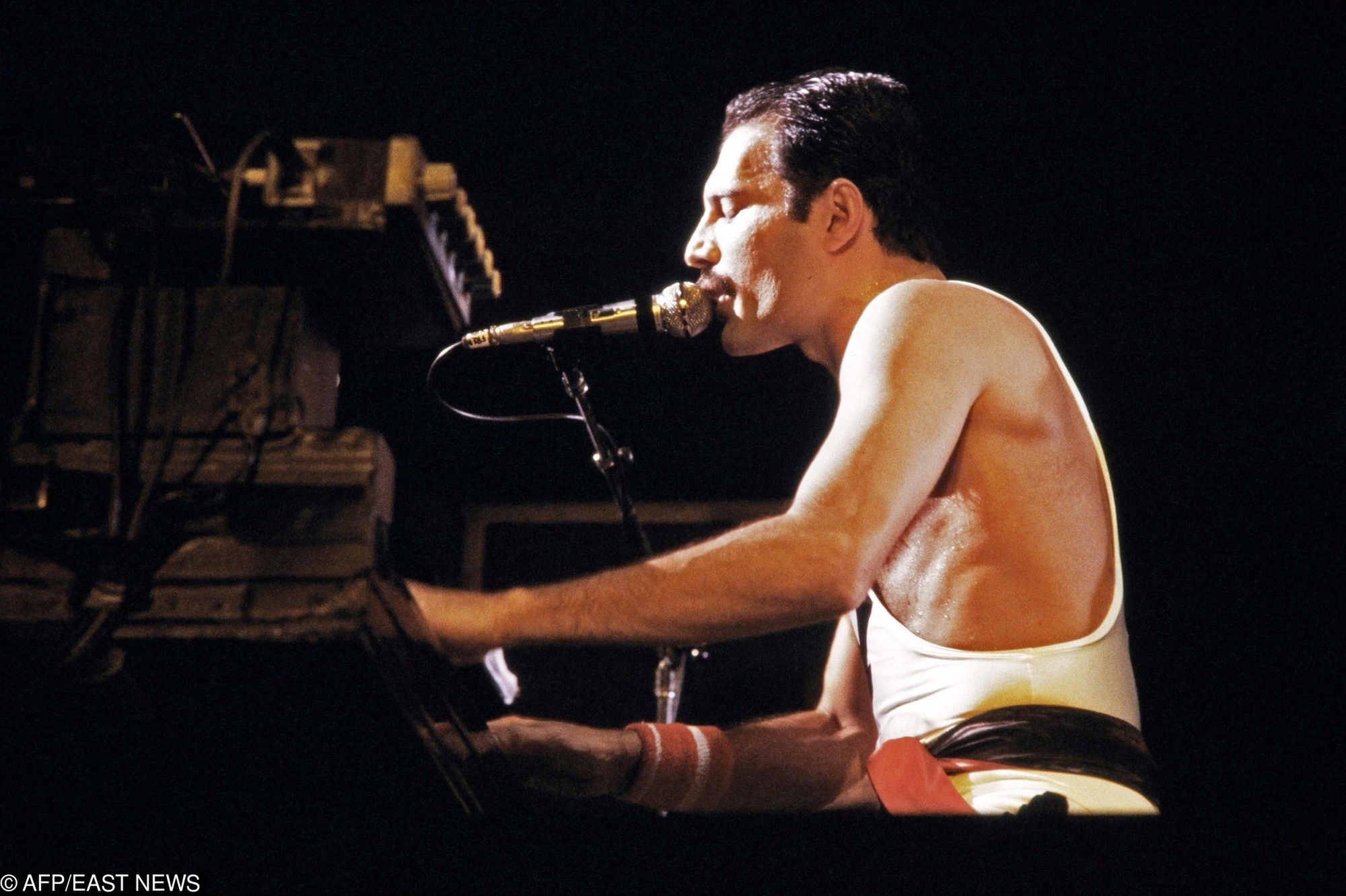 Freddie Mercury podczas koncertu zespołu Queen w 1984 r.