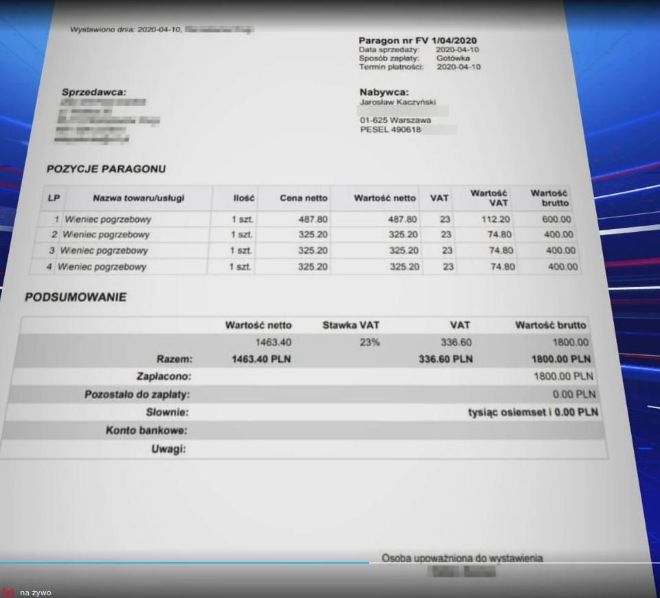 Rzekoa faktura Jarosława Kaczyńskiego za wieńce nagrobne. 