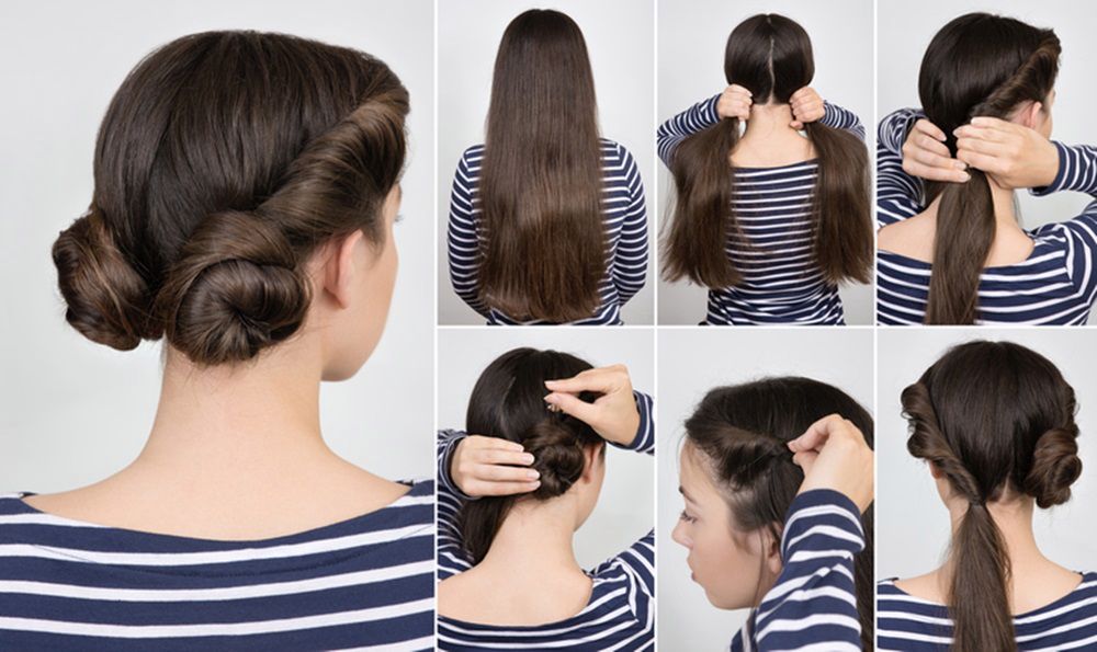 simple hairstyle two twisted buns. Hairstyle tutorial step by step 
