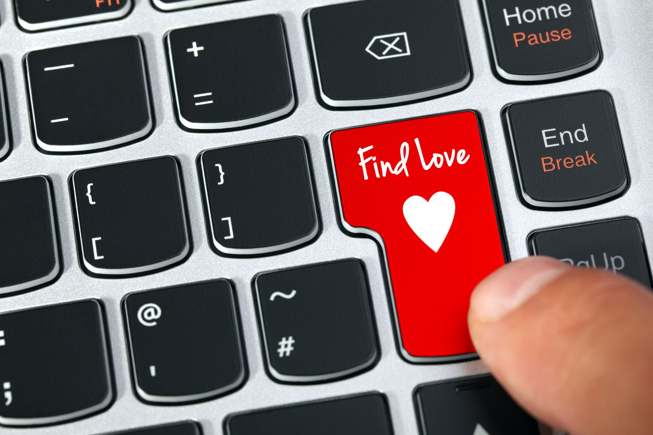Computer keyboard key with find love and heart icon concept for online internet dating 