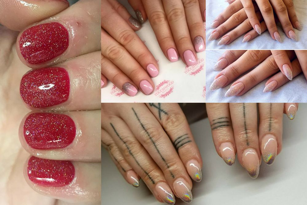 eleganckie paznokcie z brokatem fot. beautybygeorgiao, jenniferdoesnails, serenity_hair_and_beauty_salon, touchwoodbeauty 