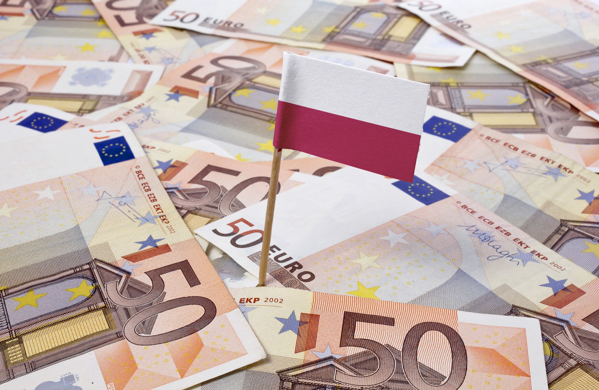 Flag of Poland sticking in european banknotes.(series)