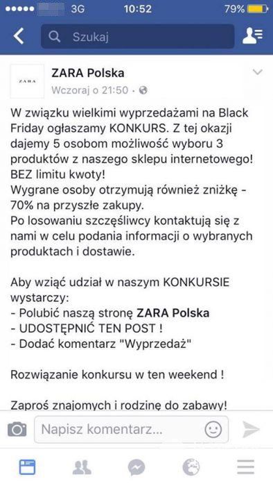 Zara - fikcyjny konkurs na Facebooku