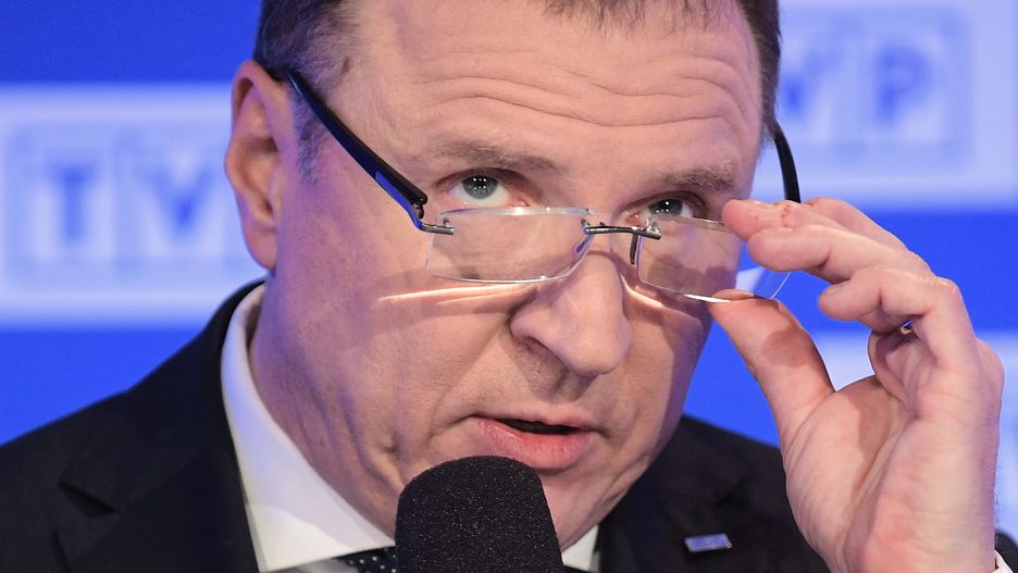 Prezes TVP Jacek Kurski podczas konferencji prasowej
