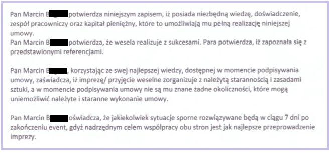 Marcin B. faktycznie zorganizował wcześniej wiele świetnych imprez weselnych a umowy były przejrzyste i korzystne dla jego klientów 