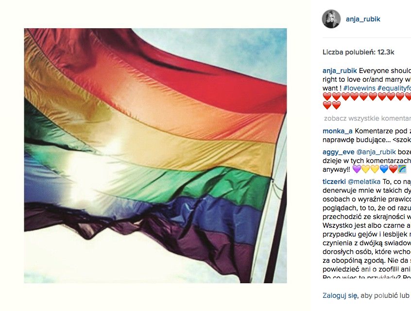Anja Rubik na Instagramie dodała zdjęcie tęczowej flagi z okazji legalizacji małżeństw jednopłciowych w USA