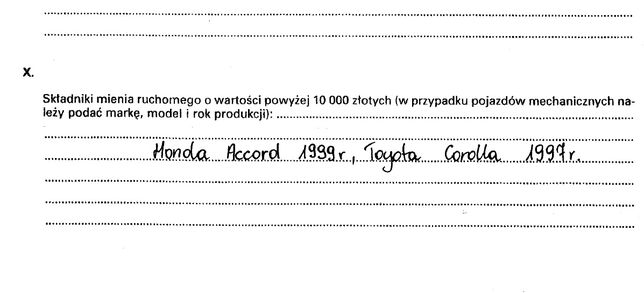 Fragment oświadczenia majątkowego Donalda Tuska, z 2005 roku. 