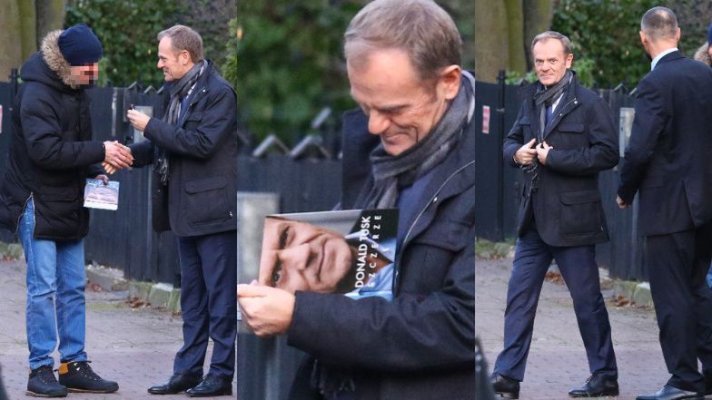 Donald Tusk w towarzystwie ochroniarza i szofera rozdaje autografy i wsiada do nowej limuzyny