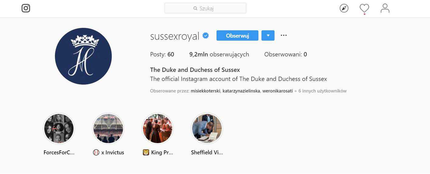 Profil Instagram - Książęta Sussex