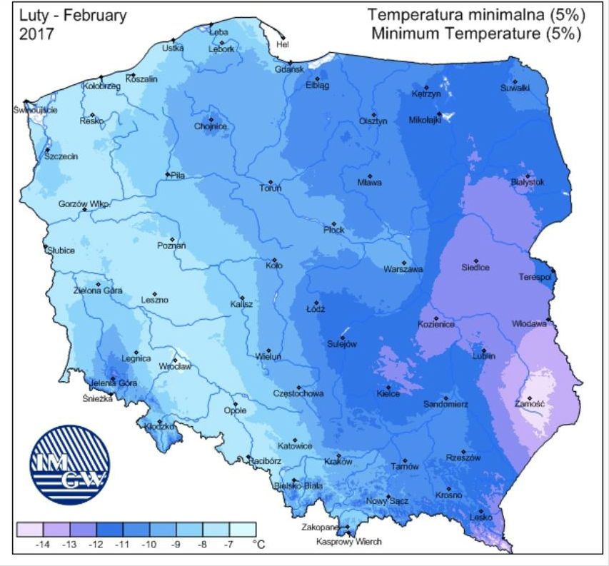 Mapa ekstremalnie niskich temperatur w lutym rok temu. Za kilka dni będzie znacznie  chłodniej. 