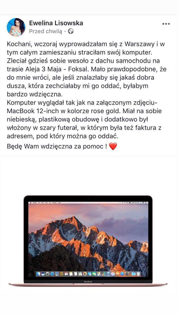 Ewelina Lisowska straciła komputer
