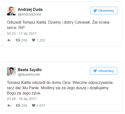 Andrzej Duda i Beata Szydło pożegnali Tomasza Kalitę