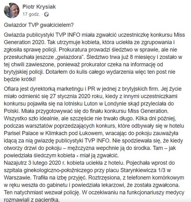 Piotr Krysiak - oskarżenia gwałt w TVP Info