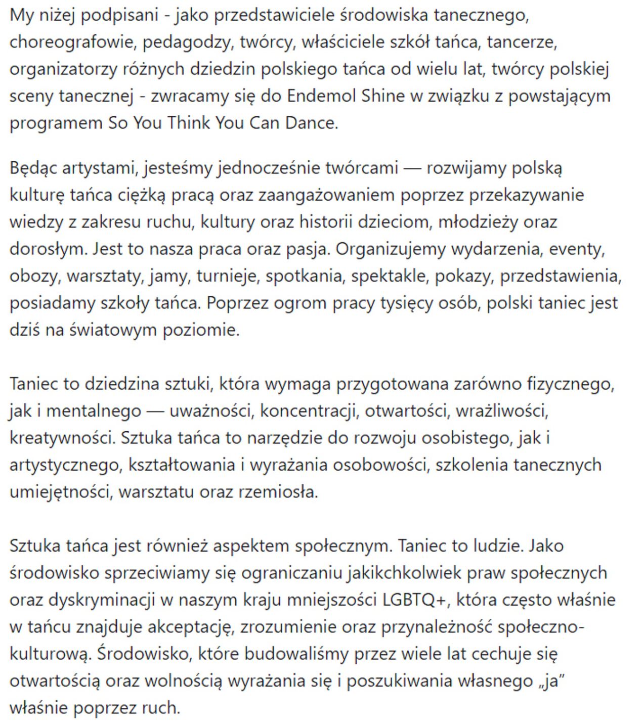 Screen petycji tancerzy w sprawie emisji You Can Dance w TVP