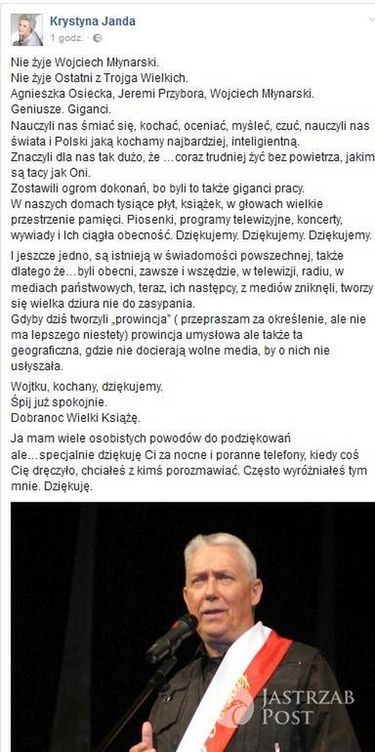 Krystyna Janda żegna Wojciecha Młynarskiego