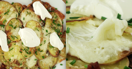 Pieczone ziemniaki w formie chipsów z dodatkiem sera i bekonu. Palce lizać!