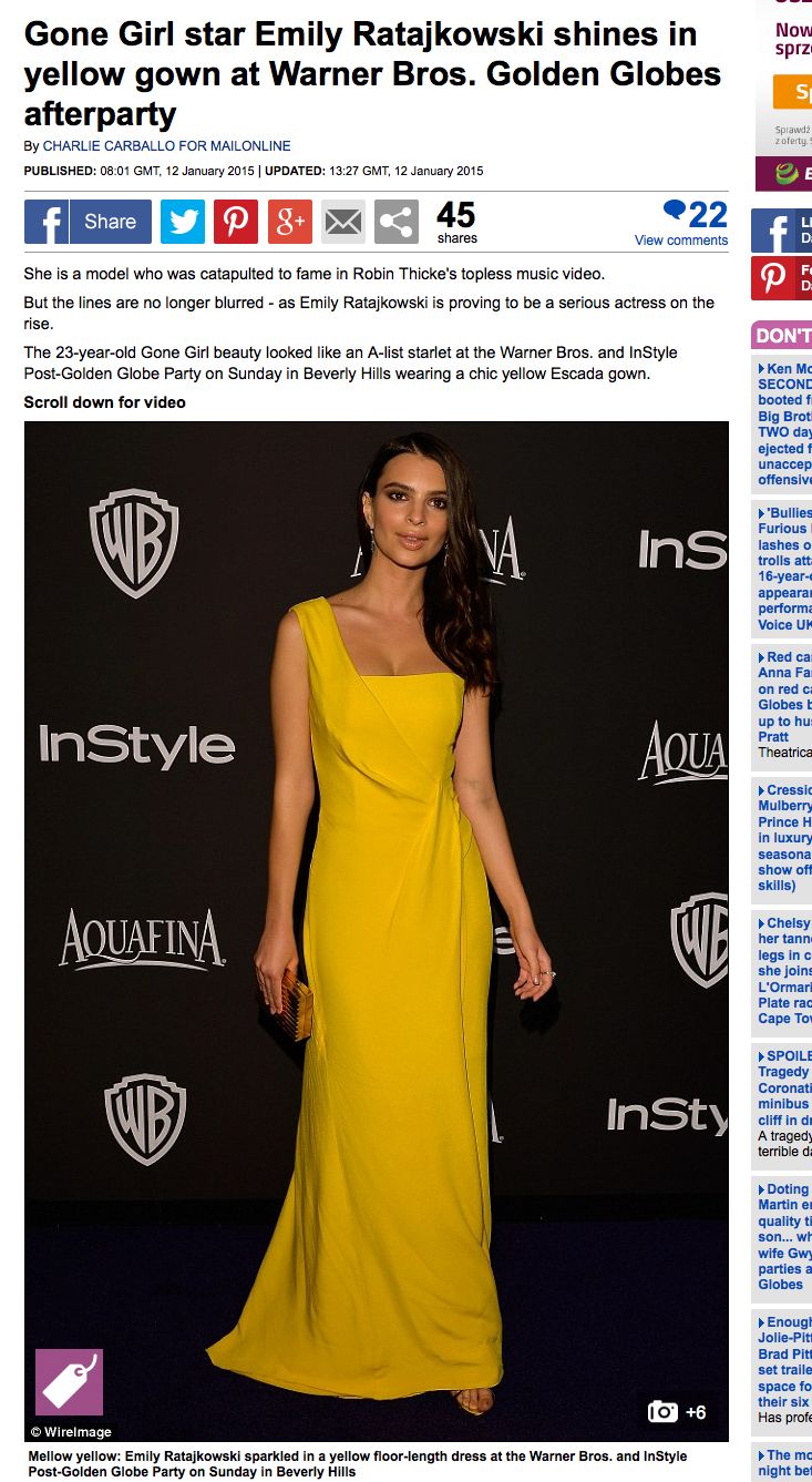 Emily Ratajkowski na Złotych Globych Fot. screen z Daily Mail