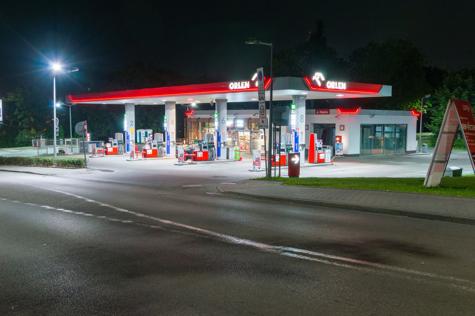 Gdansk, Poland - August 26, 2018: Orlen gas station at night.
