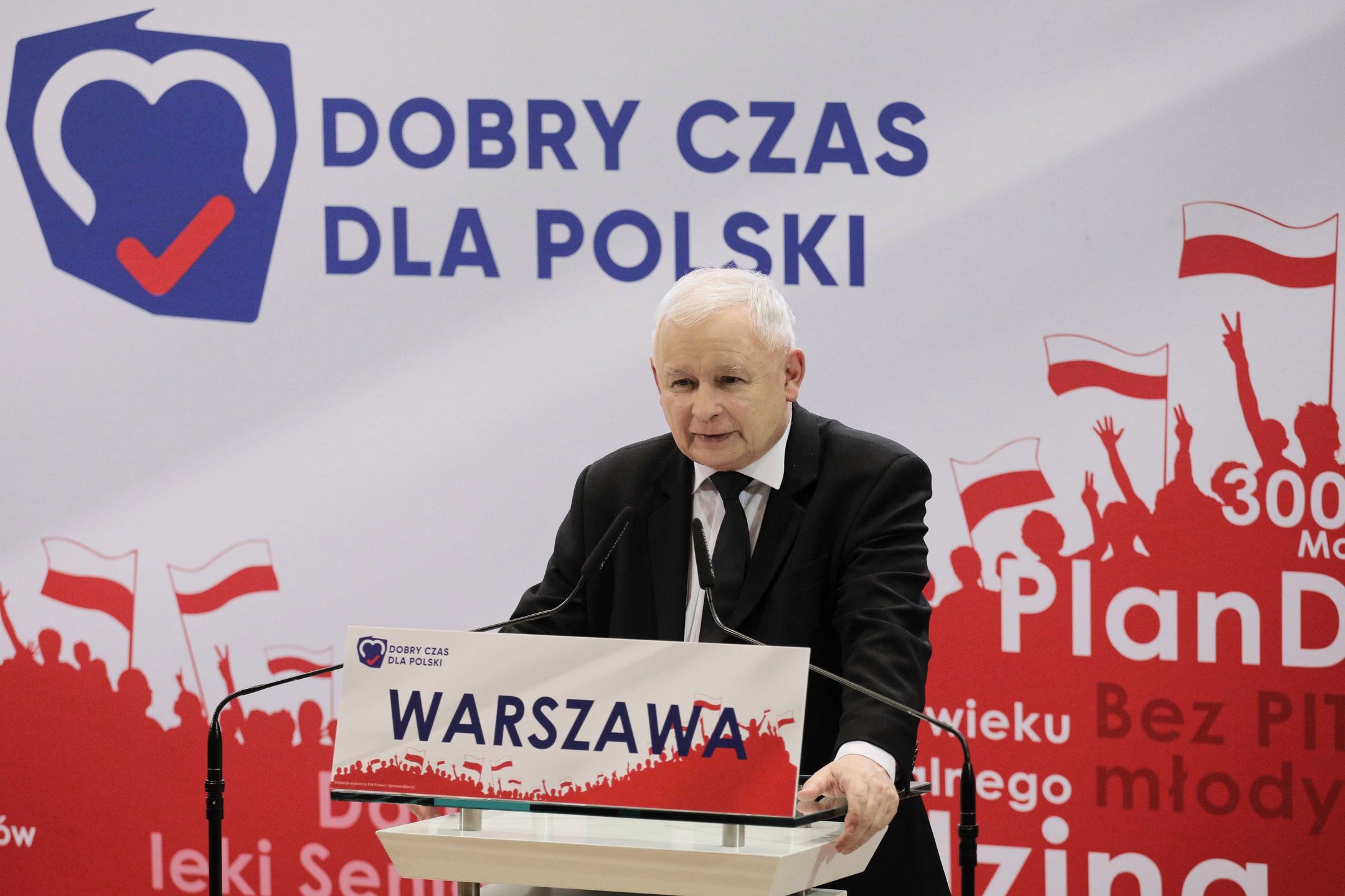 Wybory parlamentarne 2019. Jarosław Kaczyński (prezes PiS) podczas konferencji w Warszawie 