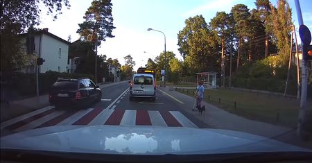To mogła być tragedia. Kierowca omija auto, które zatrzymało się przed pasami