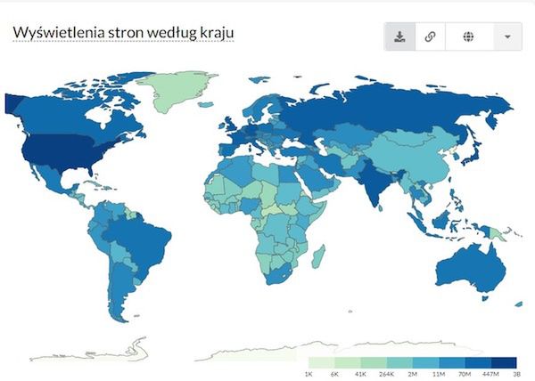 Kraje, w których strona Wikipedii jest najczęściej odwiedzana. Kraje, które mają mniej niż 100 wyświetleń, są puste na mapie