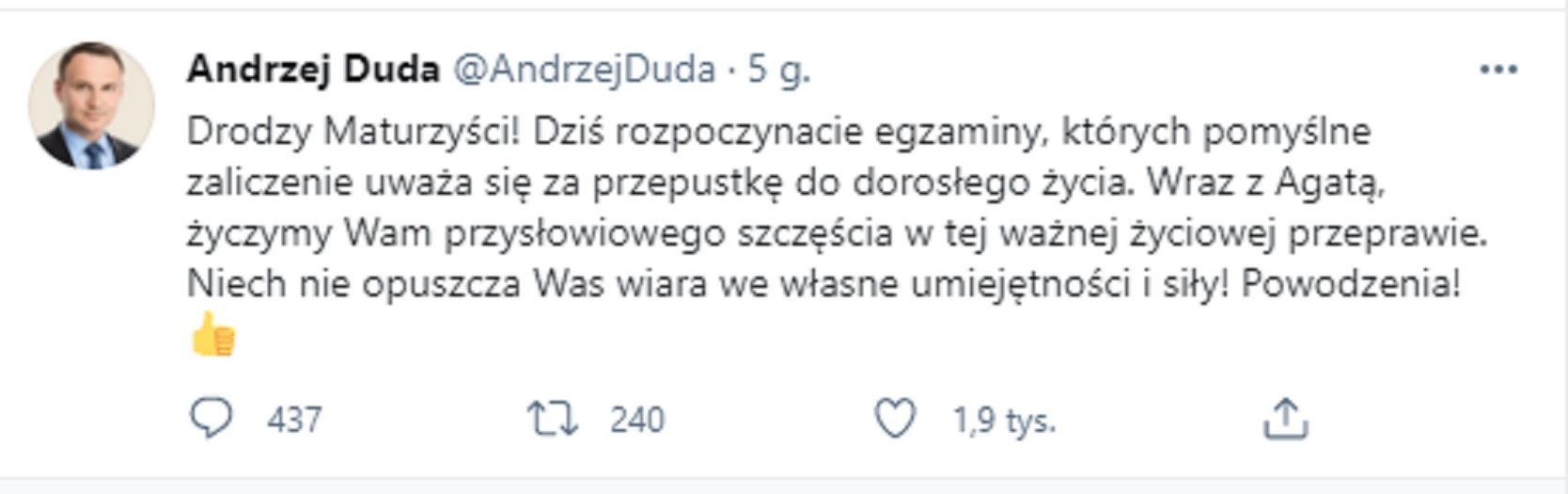 Andrzej Duda składa życzenia maturzystom