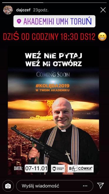 Plakat zachęcający studentów do przyjęcia księdza w akademiku 