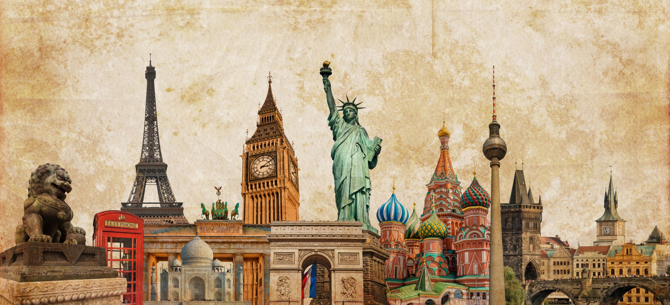 World landmarks photo collage on vintage tes sepia textured background, travel, tourism and study around the world concept, vintage postcard 