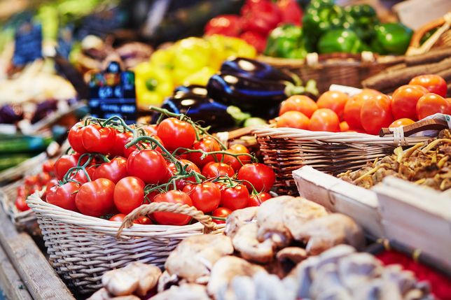 Fresh healthy bio fruits and vegetables on farmer agricultural market in France 